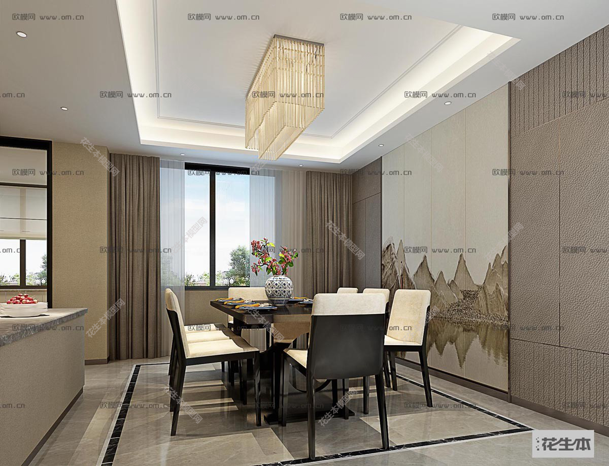 后现代餐厅3d模型「免费下载」新中式餐厅3D模型ID：361103.jpg(1)