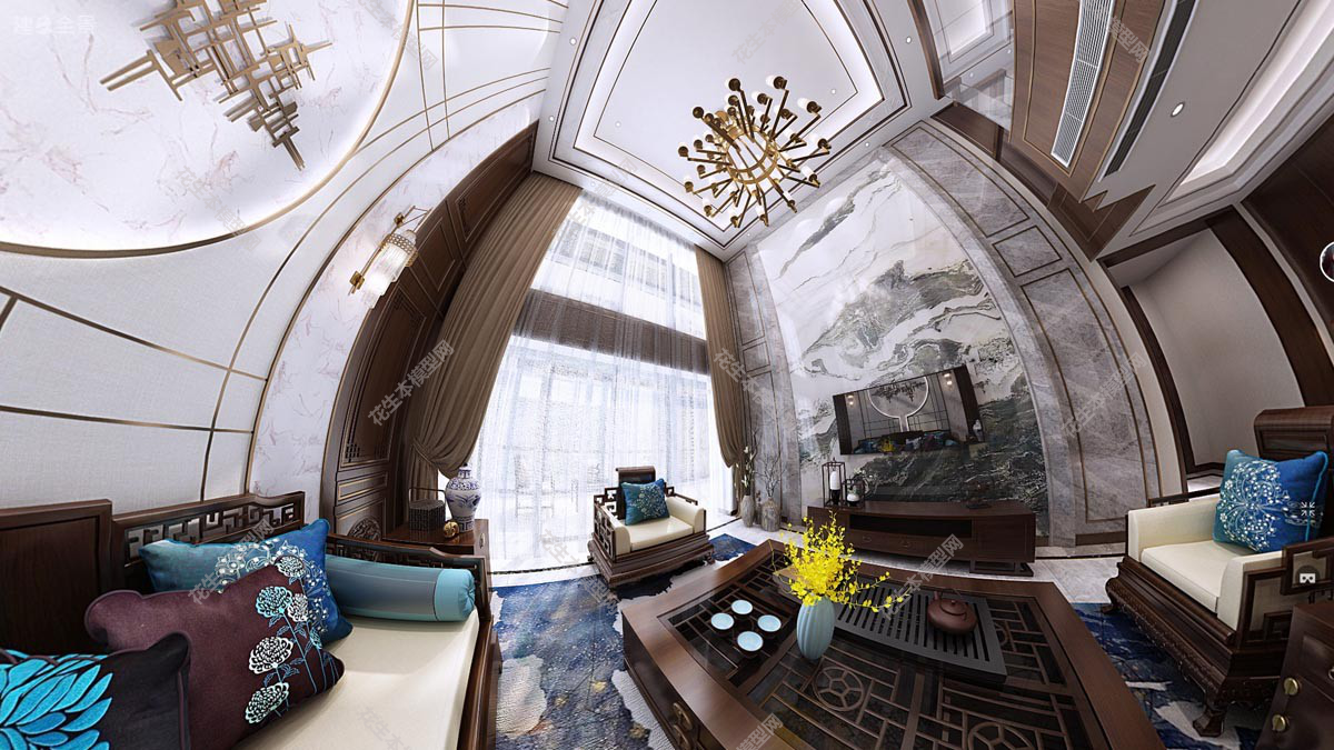 新中式复式客厅3d模型「免费下载」新中式复式客餐厅全景[模型ID232722].jpg(1)
