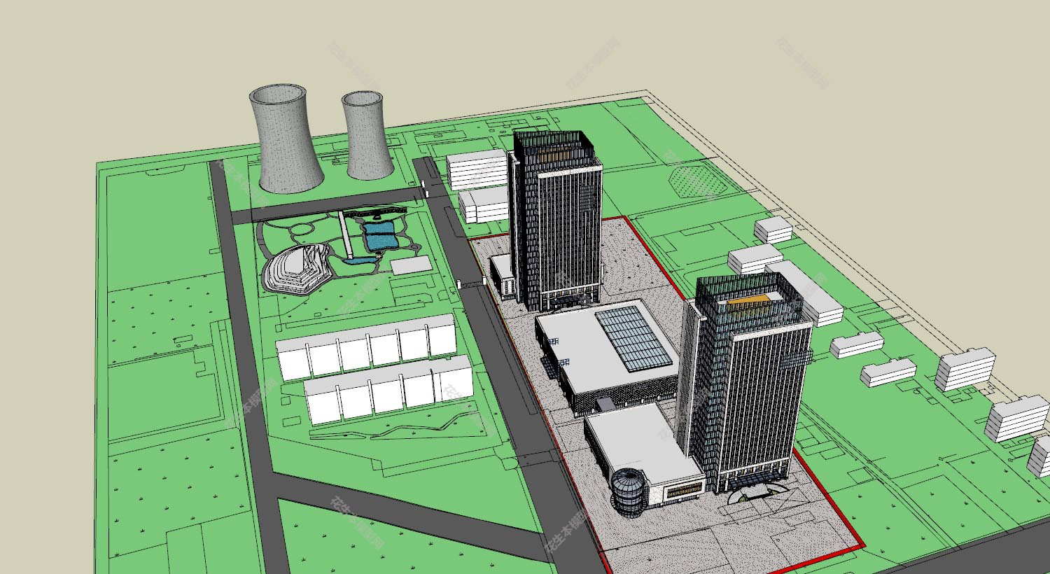 现代办公商业区鸟瞰规划su模型下载新建文件-1.jpg(1)
